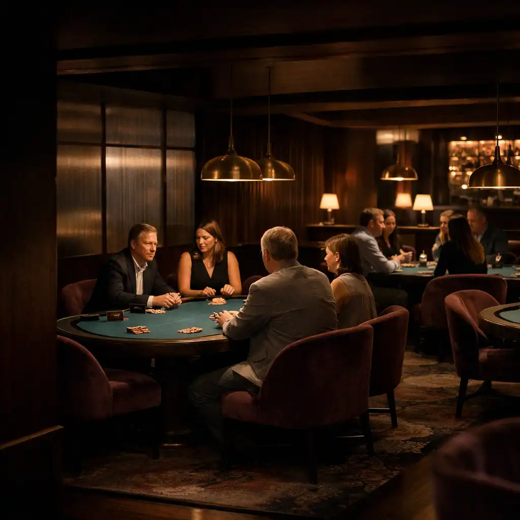 Guests facing one another around physical teal-felt poker tables in Cardemble’s Brisbane Card Lounge