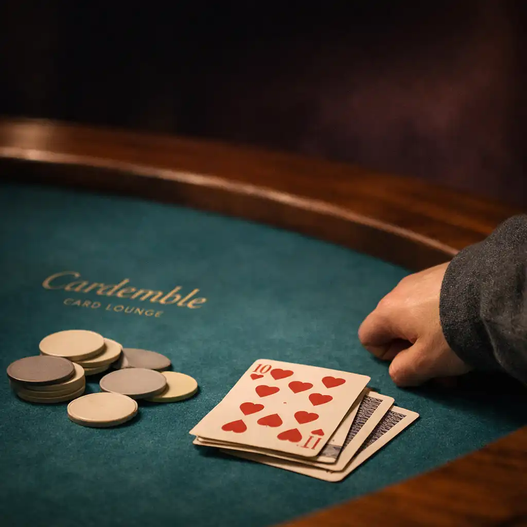 A guest’s hand beside playing cards on Ocean Teal felt at an occupied Cardemble poker table