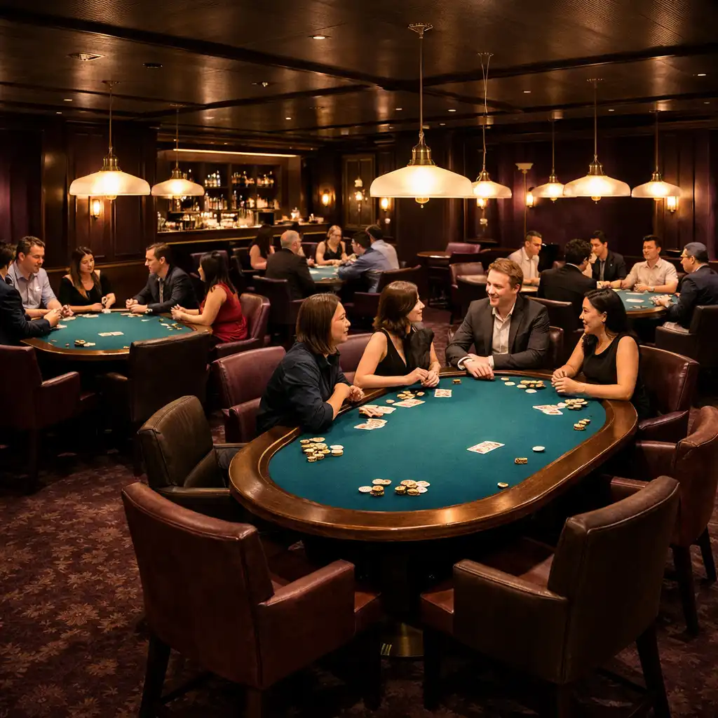 Adult guests facing one another around several teal-felt physical poker tables in Cardemble’s Brisbane Card Lounge.