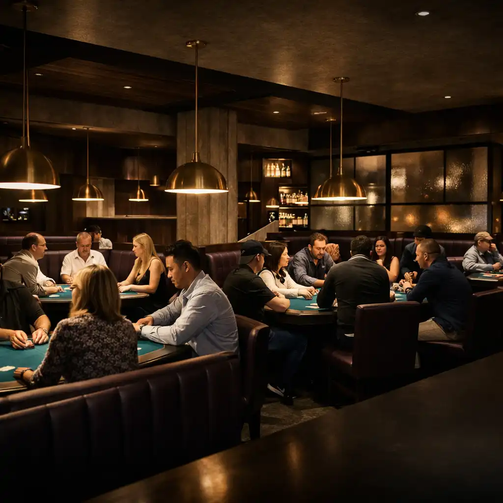Warmly lit Card Lounge interior with guests at several teal-felt physical poker tables in Brisbane.
