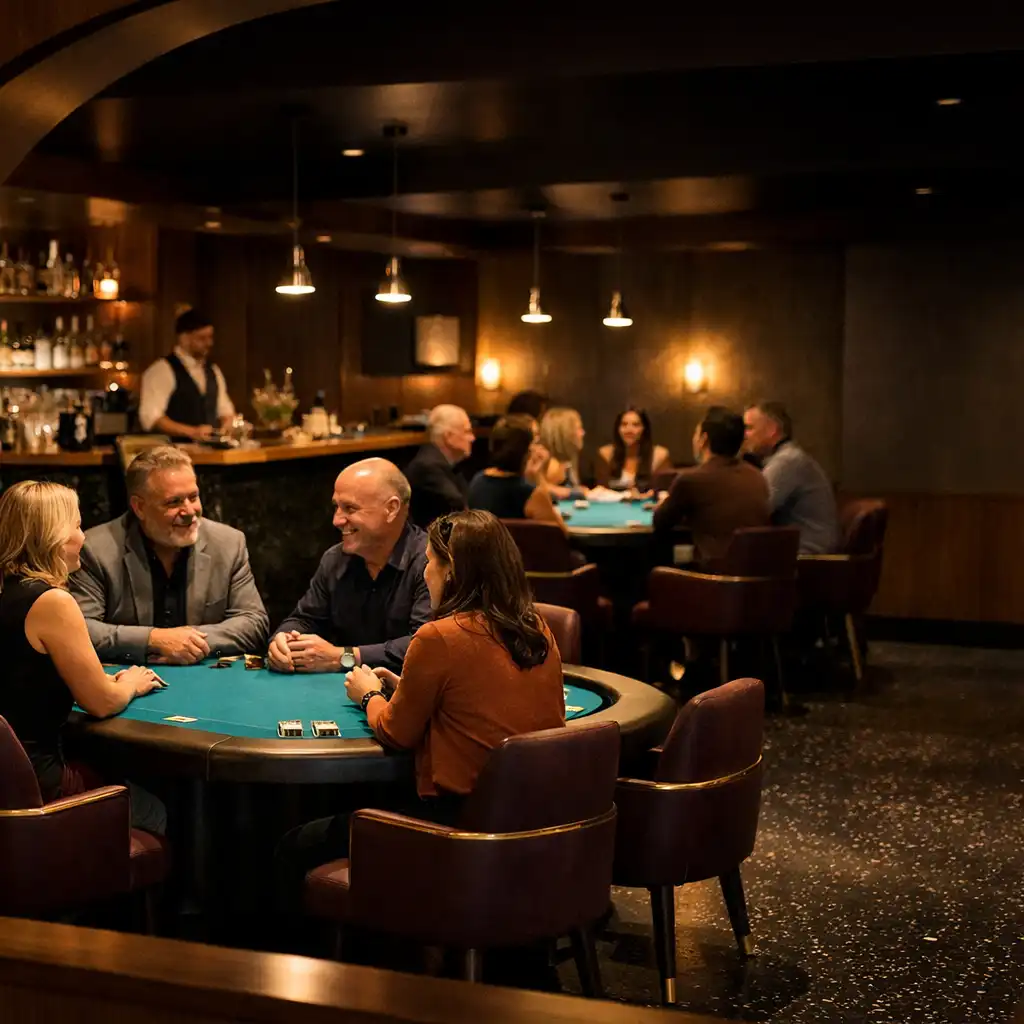 Several groups of guests in conversation around teal-felt physical poker tables in Cardemble’s Card Lounge