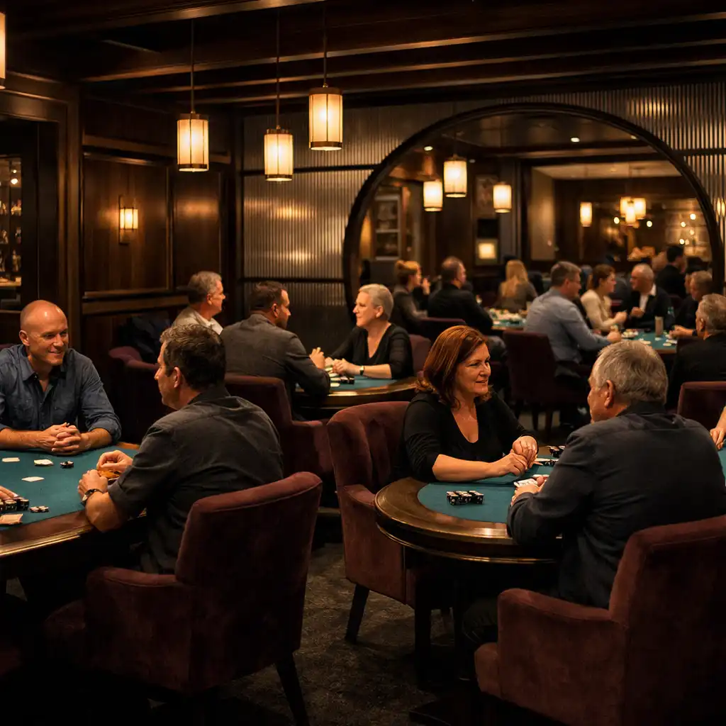 Guests facing one another around several teal-felt poker tables in Cardemble’s Brisbane Card Lounge after dark