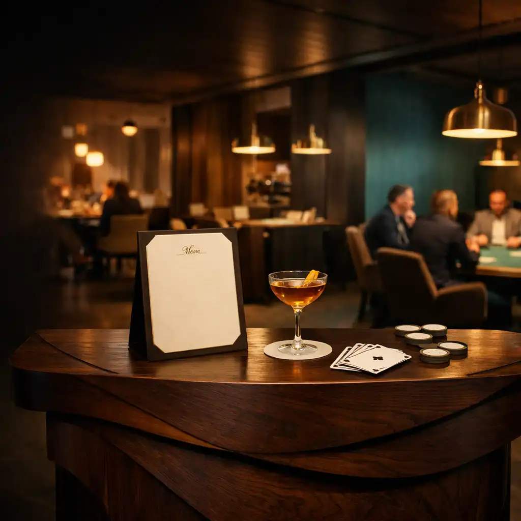 Dark timber host desk between Cardemble’s dining room and teal-lit Card Lounge, with illuminated physical poker tables beyond