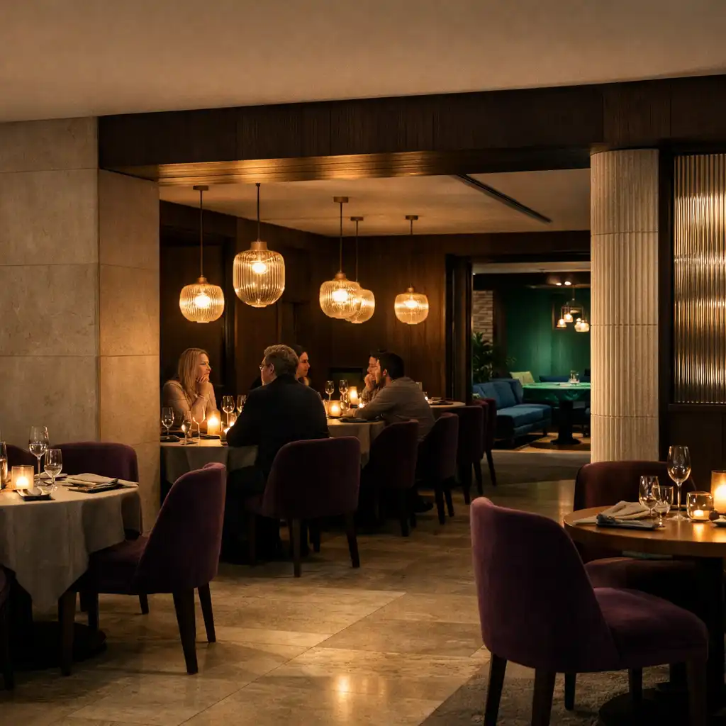 Cardemble’s evening dining room with dark timber, pale limestone, warm pendant lights and an architectural threshold toward an adjoining lounge.