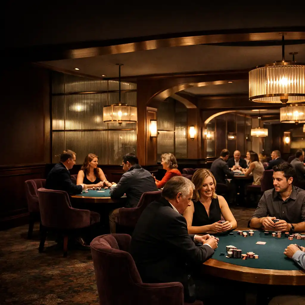 Guests facing one another around several teal-felt physical poker tables in Cardemble’s Brisbane Card Lounge.