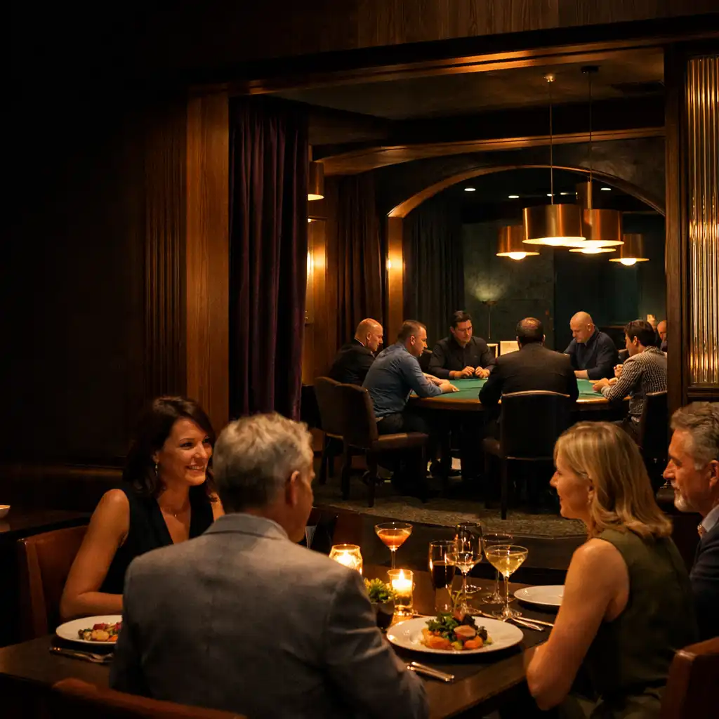 Guests dining in Cardemble’s Brisbane restaurant with a teal-lit Card Lounge and physical poker tables visible through an architectural opening.