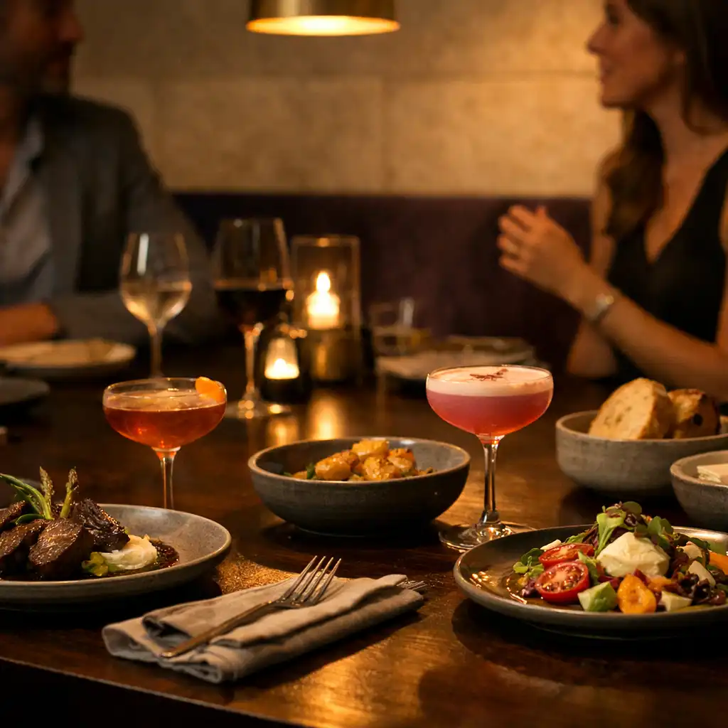 Contemporary Australian dishes and cocktails on a dark-timber table as guests share conversation in Cardemble’s dining room.