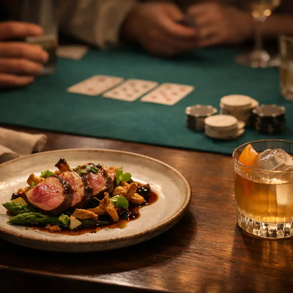 A plated contemporary Australian dish and cocktail beside teal felt, playing cards and neutral chips on a shared Cardemble table.