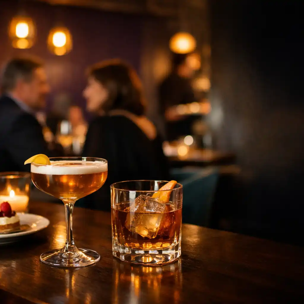Two refined cocktails on a dark timber table with adult diners in soft conversation in Cardemble’s low-lit interior.