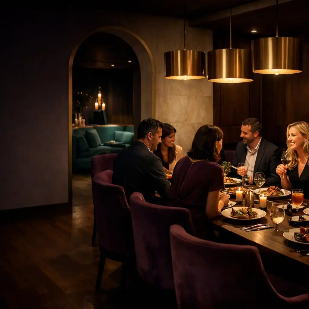 Adult guests sharing dinner beneath warm pendant lights in Cardemble’s Brisbane dining room, with an opening toward a deeper lounge.