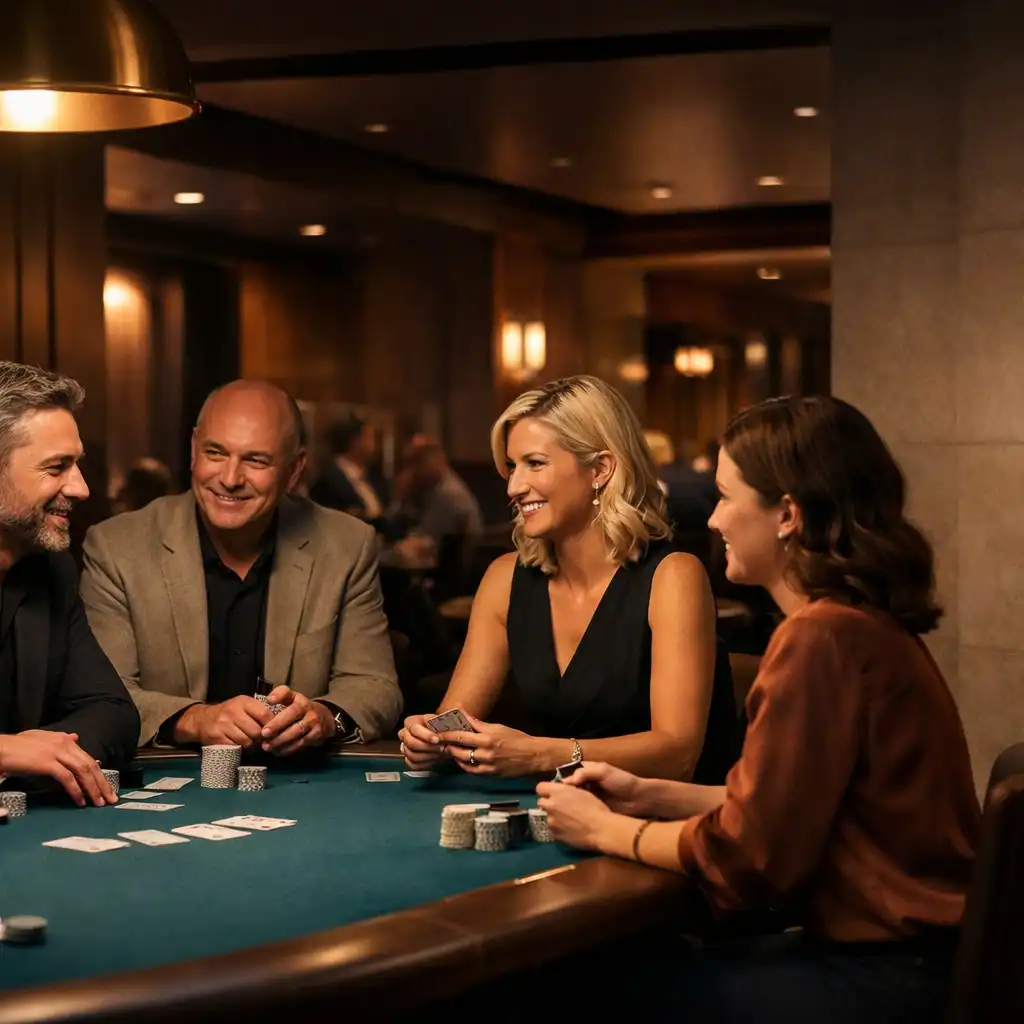 Adults in conversation around several physical poker tables during a face-to-face Texas Hold’em evening at Cardemble in Brisbane.