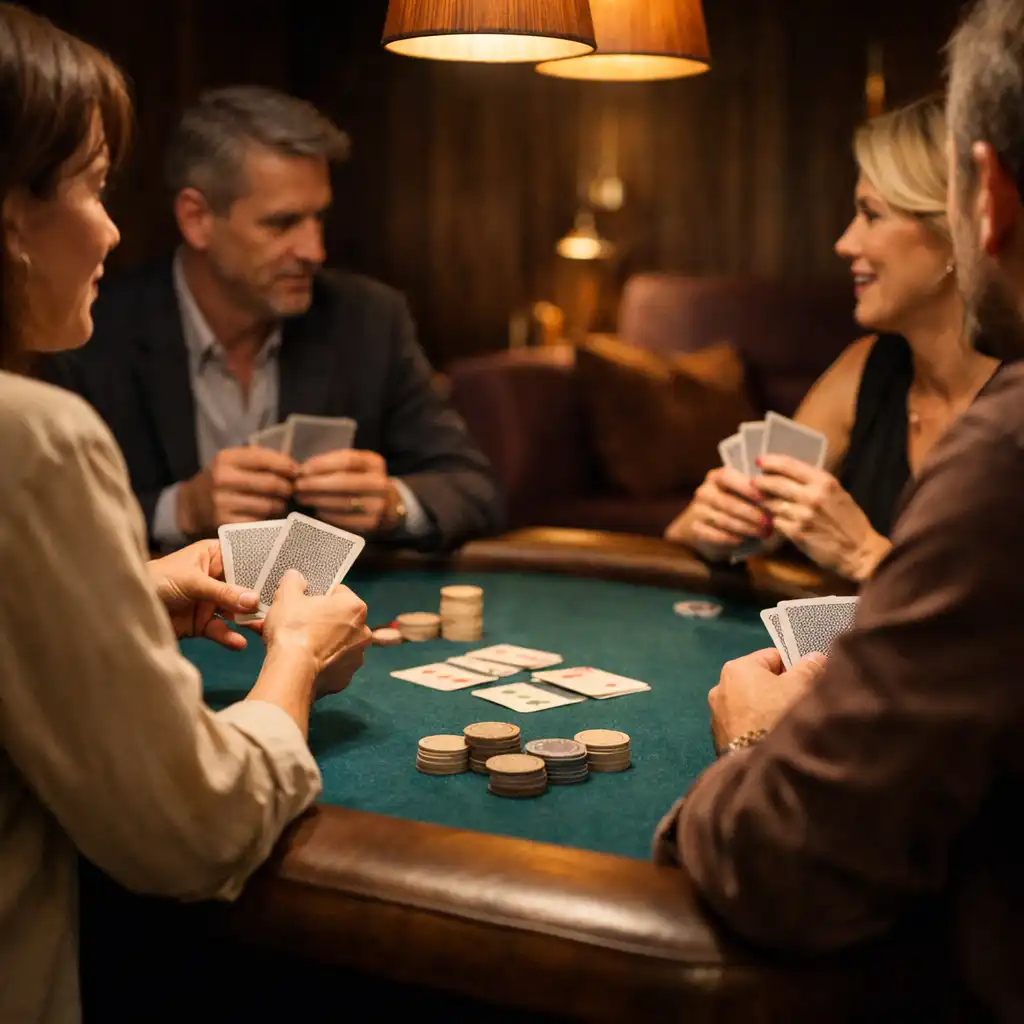 Adult guests in natural profile around a teal-felt physical poker table in Cardemble’s Card Lounge