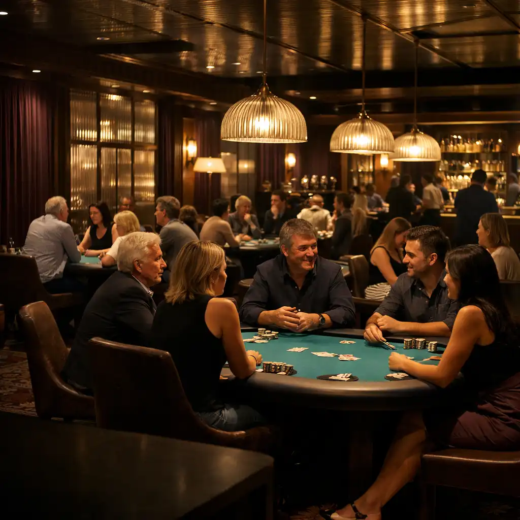 Adult guests facing one another around several teal-felt physical poker tables in Cardemble’s Brisbane Card Lounge