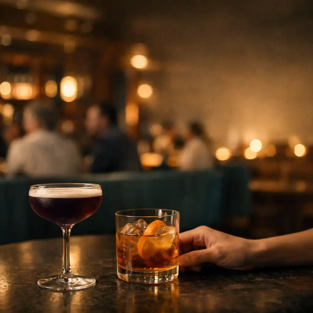 Two elegant cocktails on a dark stone bar in Cardemble’s evening setting