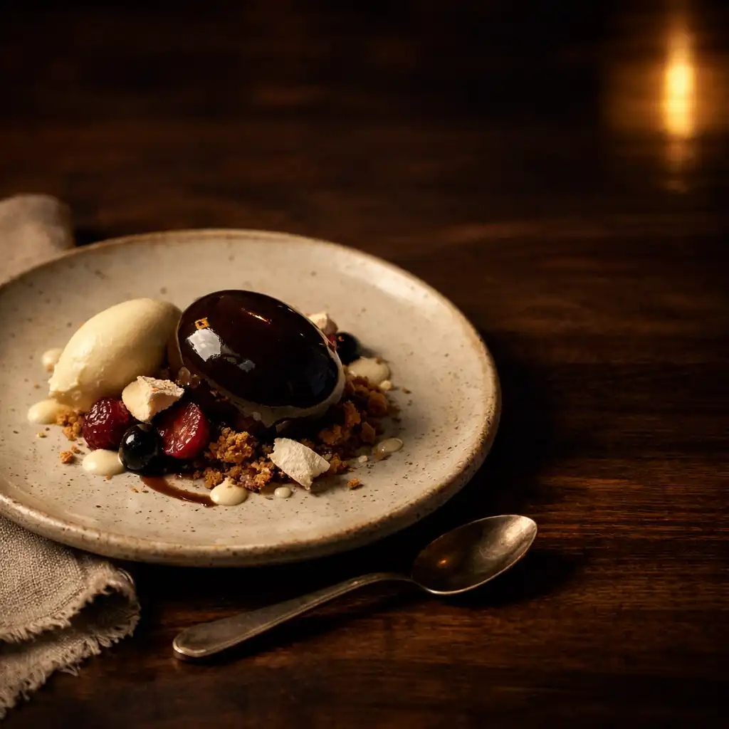 Elegant dessert on handmade ceramic in Cardemble’s low-lit dining room