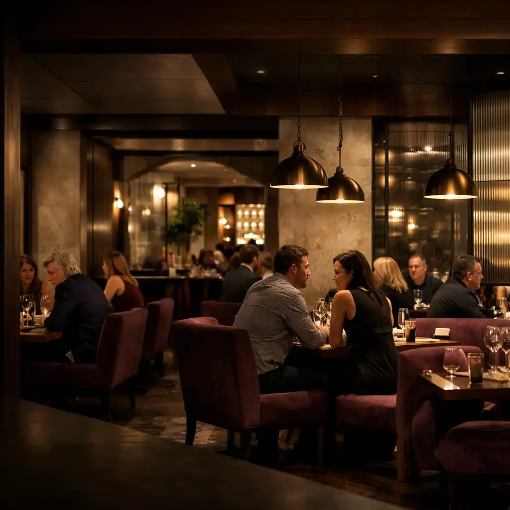 Adult guests talking across tables in Cardemble’s warmly lit Brisbane dining room