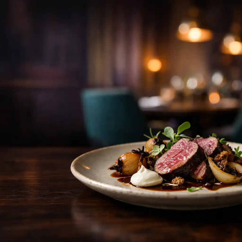 Contemporary Australian dish on handmade ceramic in Cardemble’s warmly lit Brisbane dining room