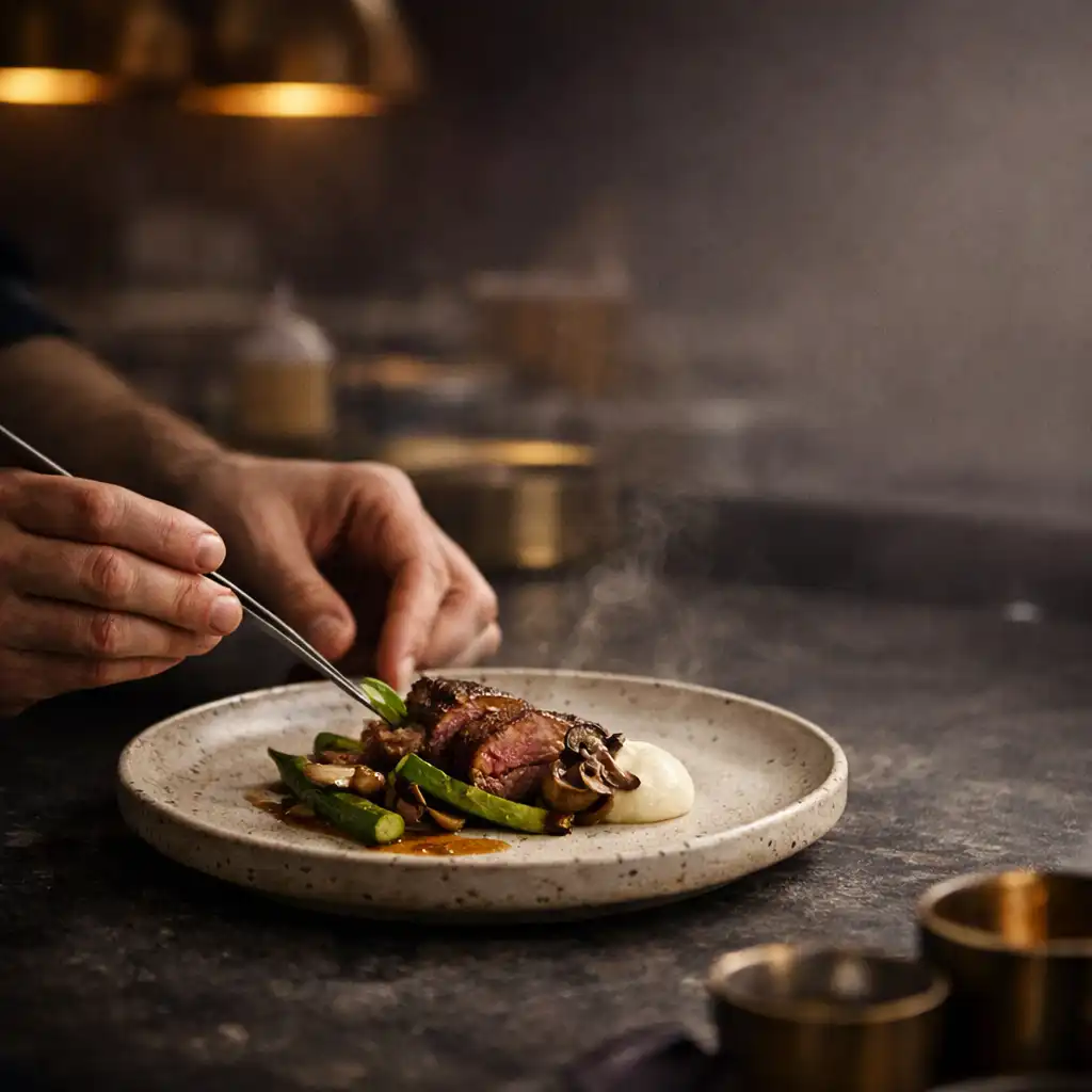 Chef’s hands finishing a plate in Cardemble’s warm evening kitchen