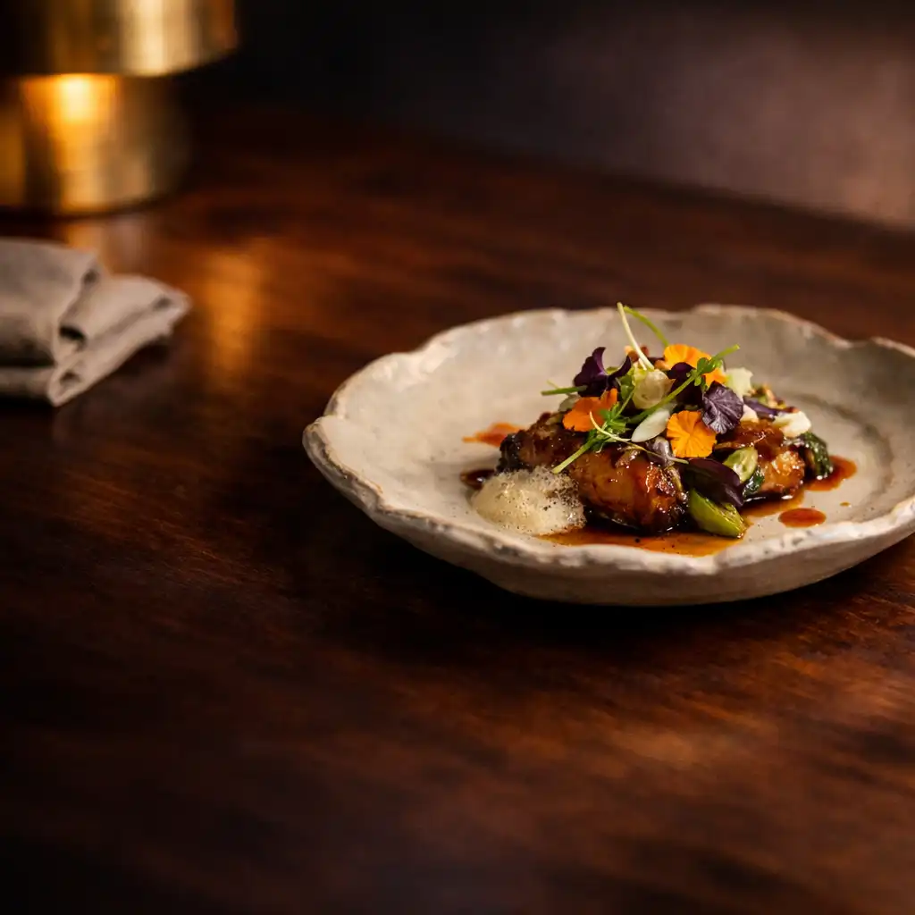 Refined signature dish on sculptural handmade ceramic over a dark timber table