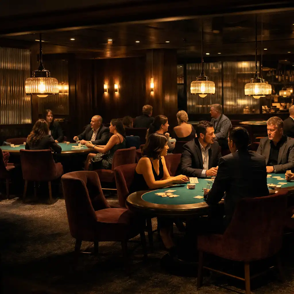 Adult guests facing one another around several teal-felt physical poker tables in Cardemble’s Brisbane Card Lounge