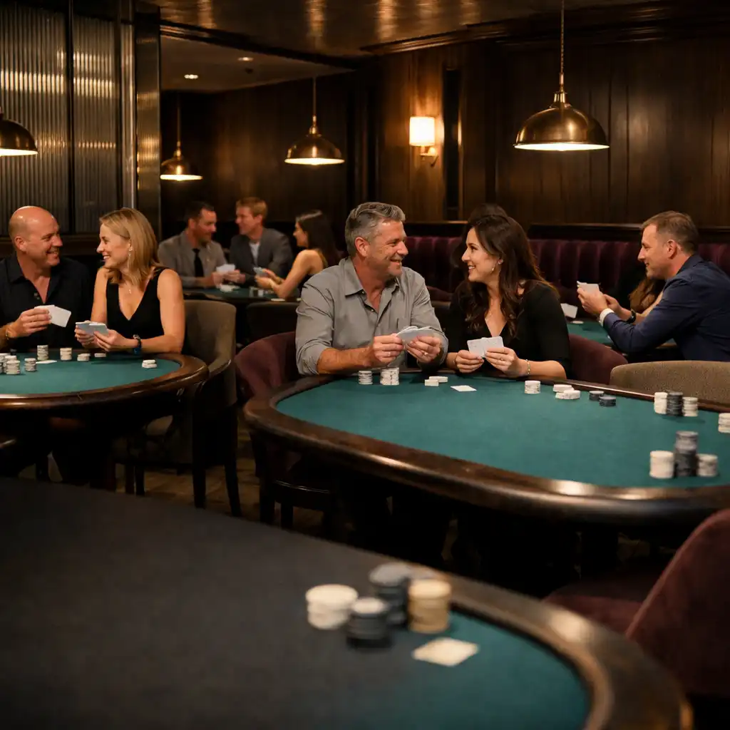 Several groups of adults talking around physical poker tables beneath warm pendant lights in Cardemble’s Card Lounge