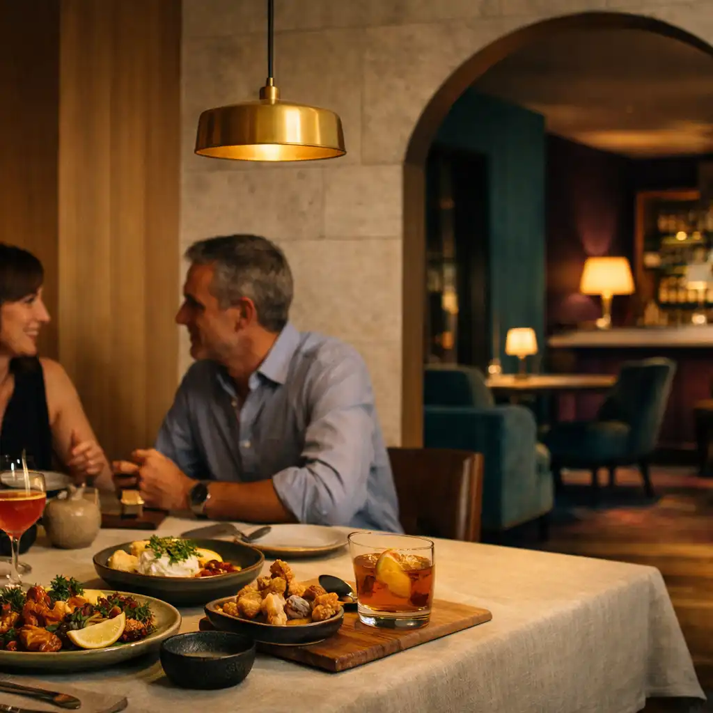Two adult diners at a warmly lit Brisbane restaurant table with an opening toward Cardemble’s darker Card Lounge