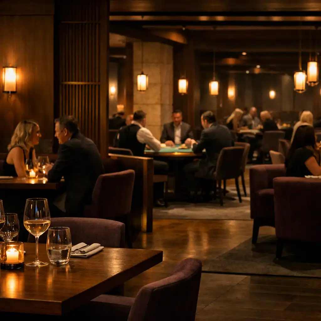 An after-dark Cardemble interior showing adult diners in the foreground and physical poker tables in the deeper Card Lounge