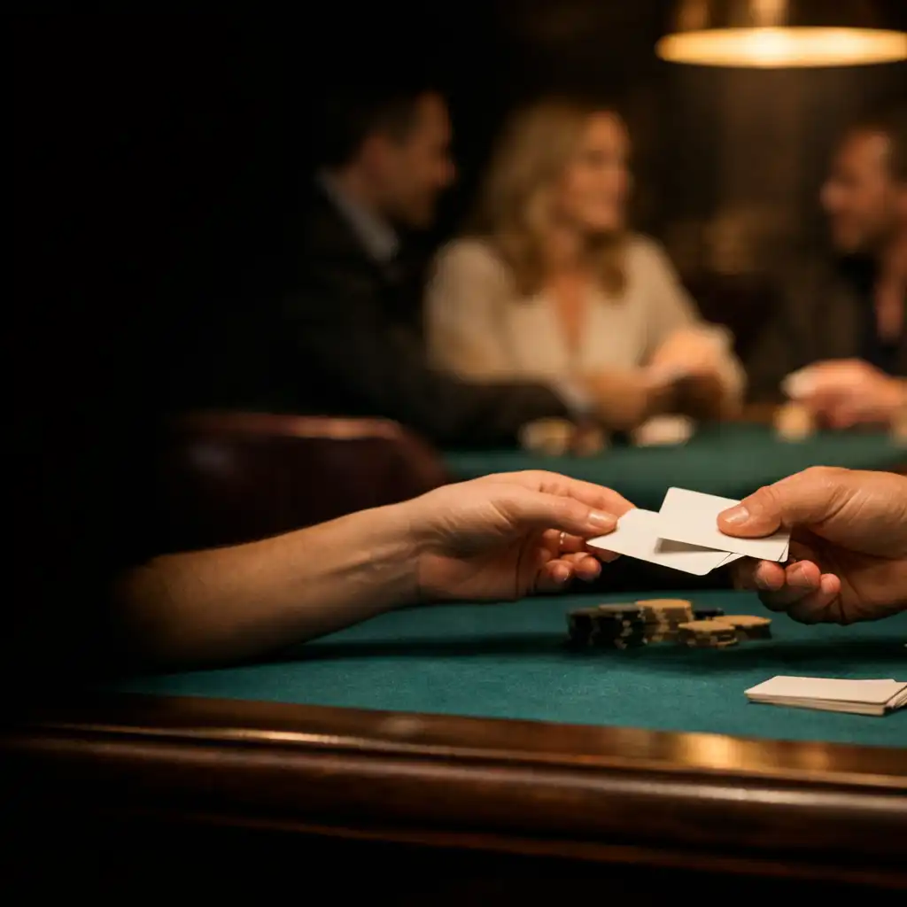 Adult hands passing plain playing cards across a teal-felt physical poker table with nearby conversation in Cardemble’s Card Lounge