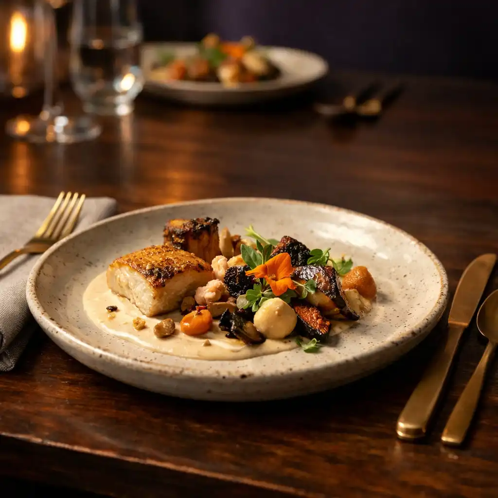 A refined contemporary Australian signature dish on handmade ceramic at a dark timber Cardemble table.