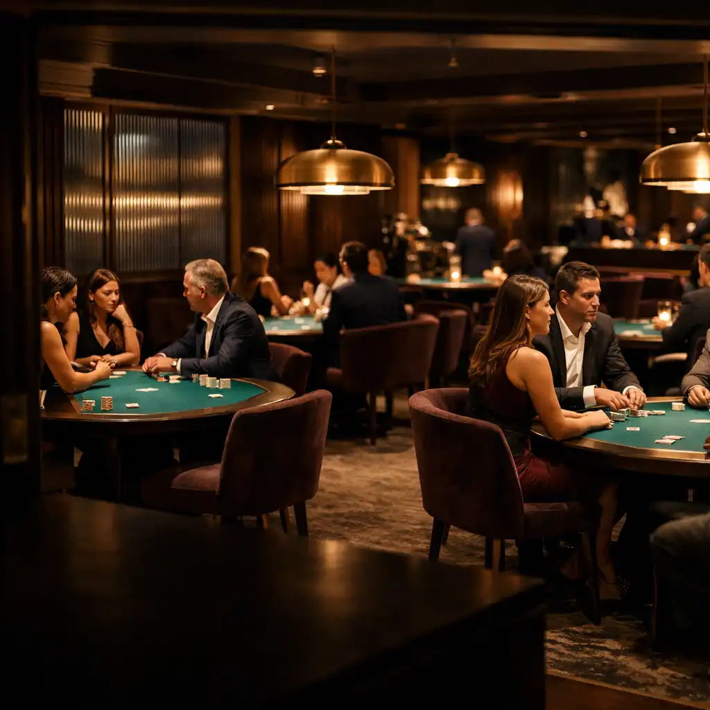 Guests gathered face-to-face around teal-felt physical poker tables in Cardemble’s Brisbane Card Lounge.